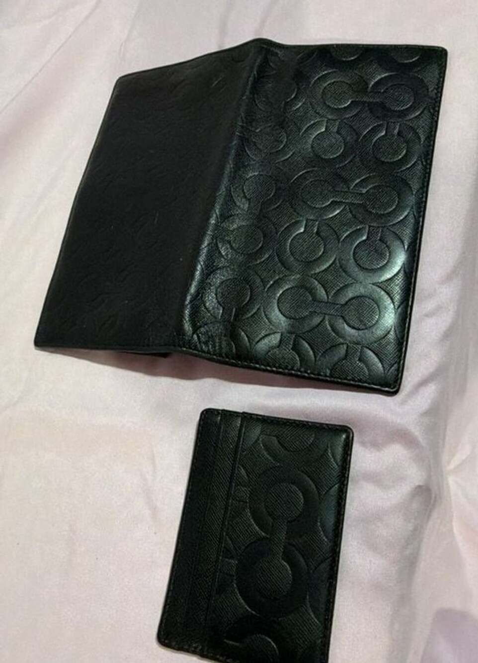 Coach Signature Embossed Black Leather Long Wallet Set